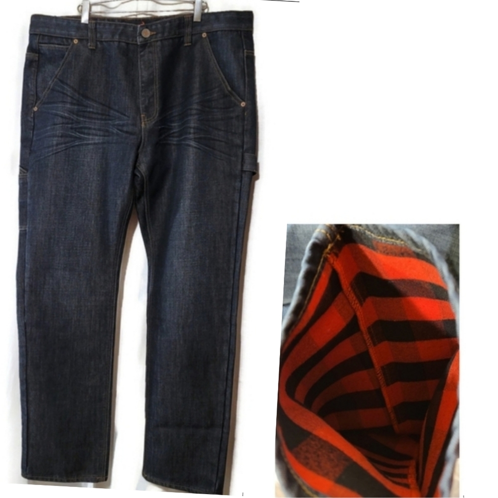Copper Rivet Flannel Buffalo Check Lined Whiskered Heavy Duty Fashion Jeans